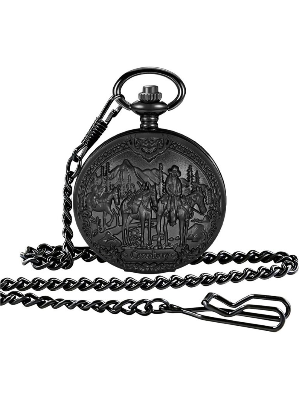 Men's Black Analog Quartz Arabic Numerals Engraved Cowboy Vintage Pocket Watch
